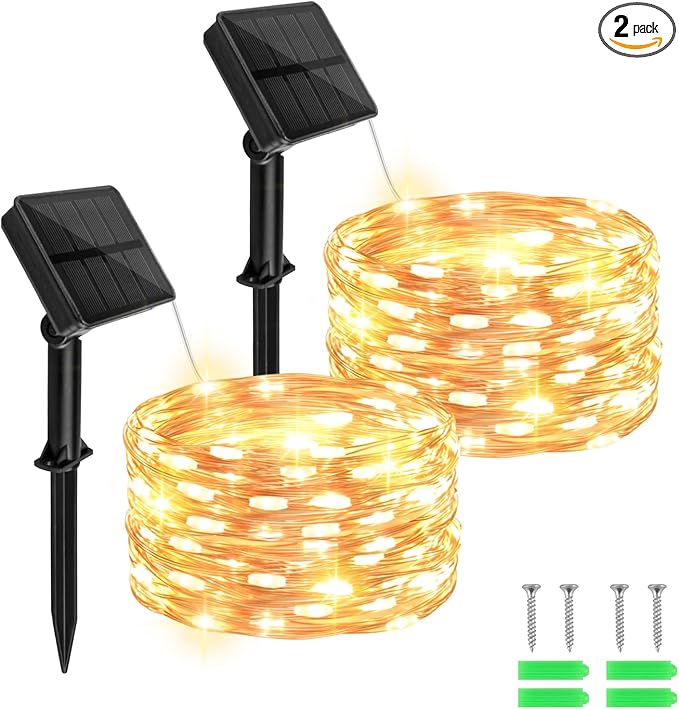 cshare Solar Fairy Lights Outdoor Waterproof,16.4ft 50LED Solar String Lights for Outside 8 Modes 2 Packs for Christmas Halloween Holiday Patio Backyard Garden Deorations Warm White