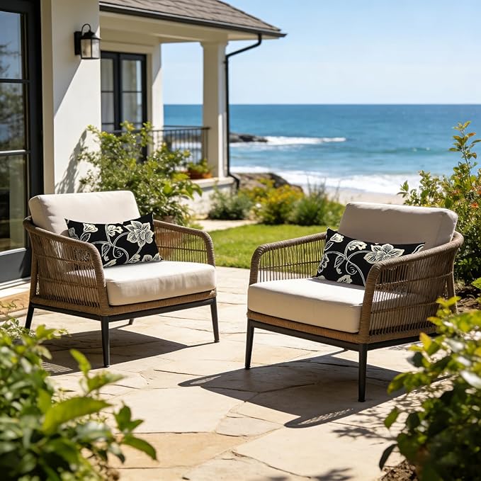 LVTXIII Outdoor/Indoor Lumbar Pillow Covers, Patio Decorative Lumbar Pillow Covers, All Weather Cushion Cases for Sofa, Patio Couch Decoration 12x20, 2 Pack, Elegant Vines Black