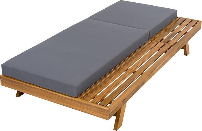Christopher Knight Home Kayes Acacia Wood Chaise Lounge with 4'' Cushion, Outdoor 79'' Patio Recliner Chair with 4-Position Adjustable Backrest, Sun Lounger for Poolside Backyard, Teak+Dark Gray