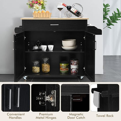 COSTWAY Kitchen Island On Wheels, Rolling Storage Trolley Cart | with Large Cabinet, Drawer, Spice Rack and Towel Rack, Kitchen Serving Utility, 3-Position Adjustable Shelf (Black)