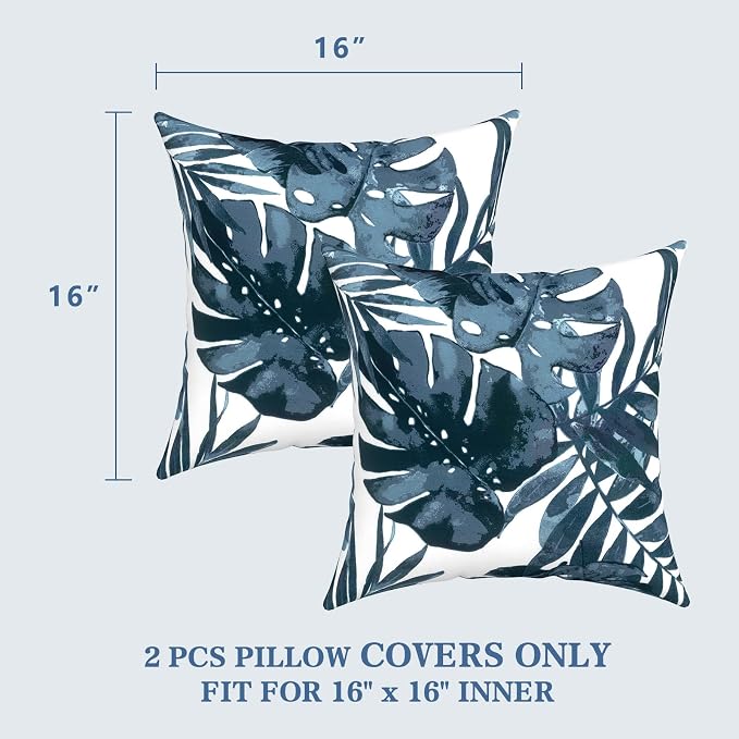 LVTXIII 2 Pack Outdoor Throw Pillow Covers for Patio Furniture, 16x16 Inch Square Pillow Case, Water-Repellent Cushion Covers for Garden, Porch, Sofa, Palm Blue