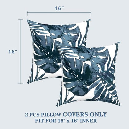 LVTXIII 2 Pack Outdoor Throw Pillow Covers for Patio Furniture, 16x16 Inch Square Pillow Case, Water-Repellent Cushion Covers for Garden, Porch, Sofa, Palm Blue