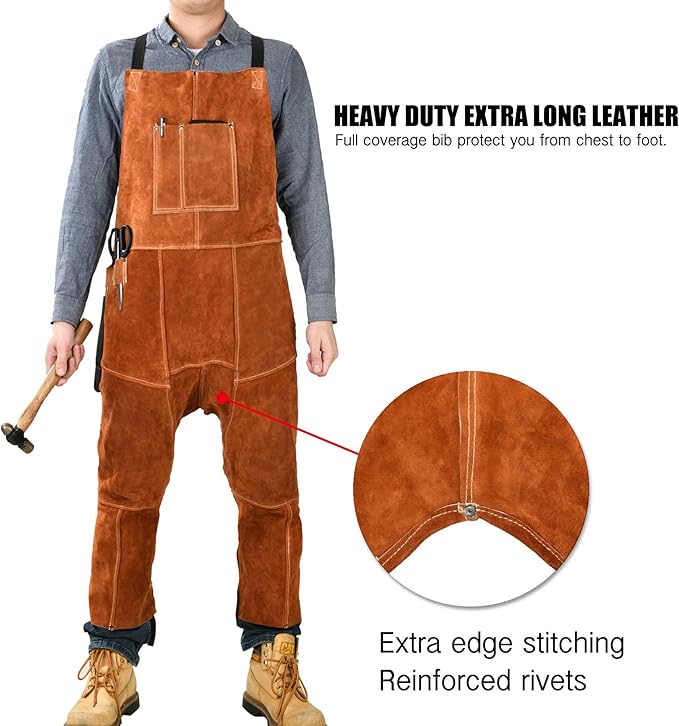 QeeLink Leather Welding Apron Split Leg for Men - Spark Flame Heat Resistant Bib Protective Chaps - Heavy Duty Cowhide Pants