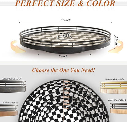 AMH 13-Inch Black and White Checkerboard Lazy Susan with Oak Wood Base | Smooth rotating oak tray with walnut finish for dining tables, kitchen counters, pantries and cabinet storage.