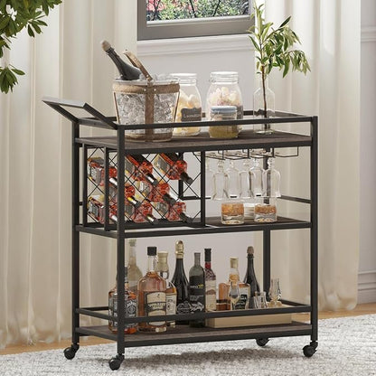 Bar Cart for The Home with Wine Rack and Glasses Holder, Small Home Bar Serving Cart on Wheels for Liquor and Alcohol (Walnut Brown)
