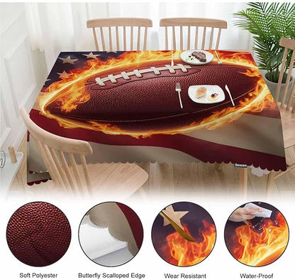 Tablecloth American Flag Football 52 X 70 Inch, Sport Fire Football USA Flag Oblong Table Cloths Anti-Shrink Decorative Table Cover for Kitchen Dinning Tabletop Outdoor Picnic BBQ