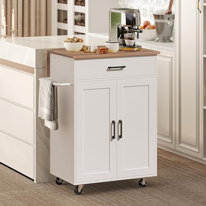 MAHANCRIS Kitchen Island on Wheels with Drop Leaf, Folding Countertop Kitchen Island Cart, Kitchen Island Table with Towel Rack, Drawer, for Kitchen, Dining Room, White and Walnut KIBZ12501