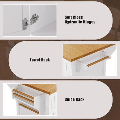 Ball & Cast Kitchen Island with Drop Leaf,Embossed Texture Kitchen Island On Wheels with Spice & Towel Rack,2 Doors and 5 Drawers,Kitchen Storage Cart W/Adjustable Shelf for Kitchen,White,52"