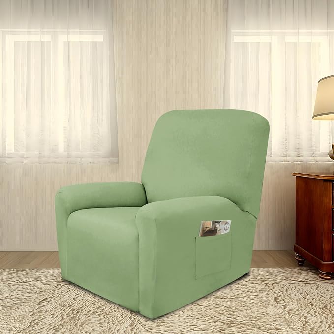 PureFit Stretc Recliner Chair Covers Fleece Soft Couch Covers for Sofa | Sage Green 4-Pieces Recliner Slipcover Pocket Couch Protector, Fleece Sofa Cover Washable with Non Slip Elastic Bottom