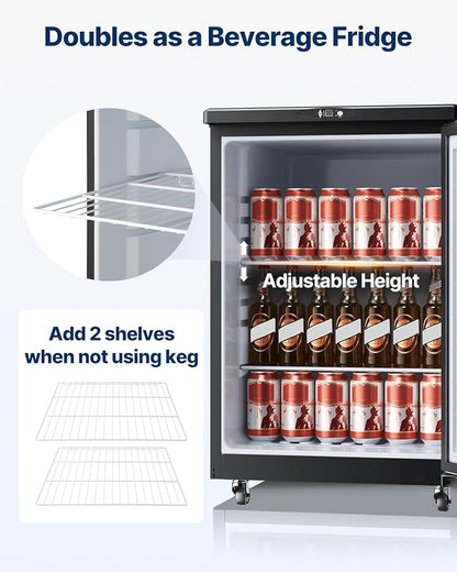 VEVOR Beer Kegerator, Single Tap Commercial Draft Beer Dispenser for D system, Full Size Keg Refrigerator with 5lbs CO2 Tank, Hold 2 Sixth / 3 Ball lock keg, Silver