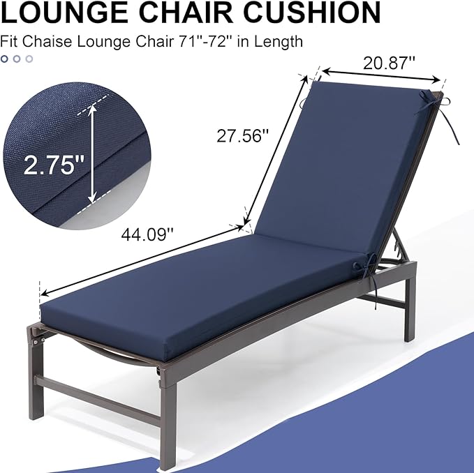 Crestlive Products Waterproof Outdoor Chaise Lounge Cushions Set of 2, Fade Resistant Patio Furniture Lounge Chair Cushion, 72" L x 21" W