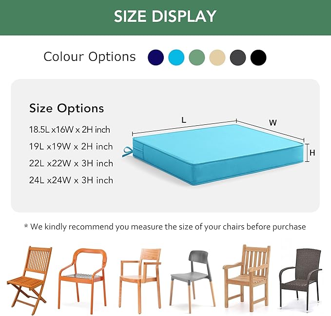 Summsun Outdoor Chair Cushions Set of 2: Waterproof & Fade Resistant Seat Cushion for Patio Furniture - 19 x 19 x 2 Inch Chair Pads with Ties and Hidden Zipper - Patio Chair Cushion Replacement, Teal