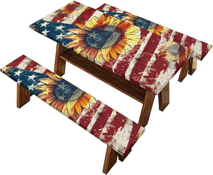 Patriotic Flag Sunflower Picnic Table and Bench Covers 3 PCS Set Camping Table Cloth for Picnic Table for Outdoor Camping