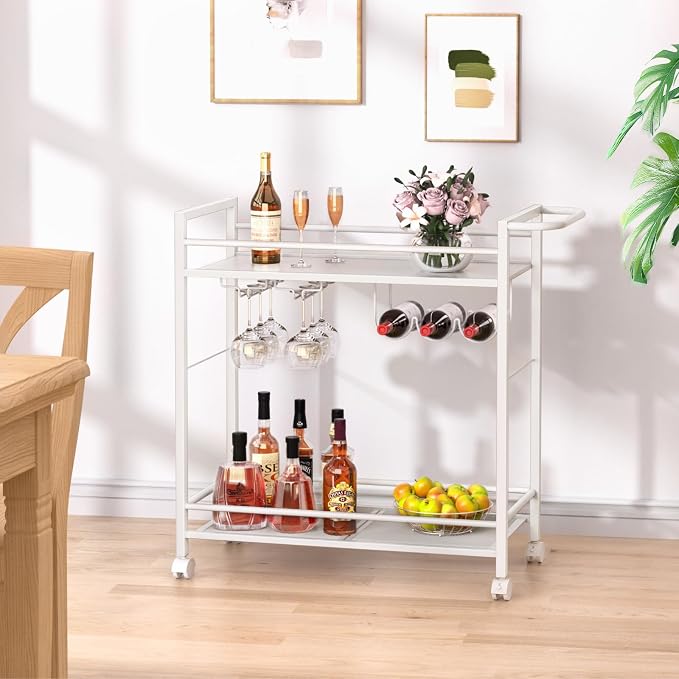 Joaxswe Bar Cart w/Wheels,Home Bar Serving Cart w/Storage Shelves,White | 2 Tier Rolling Beverage Cart,Modern Wine Cart w/ Wine Rack and Glass Holder for Kitchen, Living Room,Dinning Room