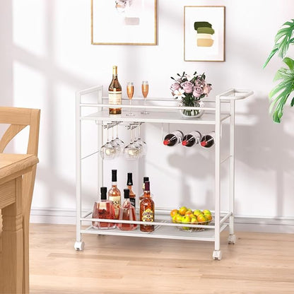 Joaxswe Bar Cart w/Wheels,2 Tier Home Bar Serving Cart,Elegant White | Rolling Beverage Cart w/ Wine Rack and Glass Holder,Modern Wine Cart w/ Storage Shelves for Kitchen, Living Room,Dinning Room