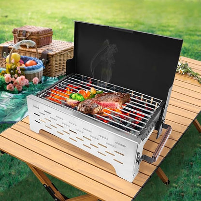 Barbecue Charcoal Grill, Portable Charcoal Grill Folding Barbecue Grills Stainless Steel and Iron Folding Grills for Outdoor Cooking, Camping (Black + Silver-2)