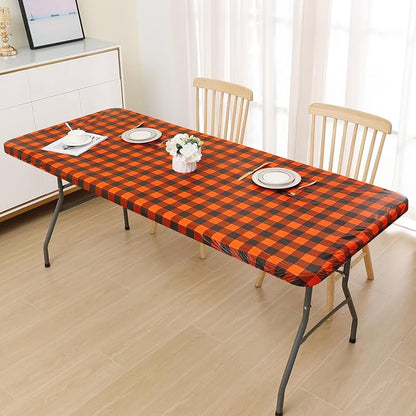 Smiry Rectangle Picnic Table Cloth, Elastic Waterproof Fitted Vinyl Tablecloths, Flannel Backed Buffalo Plaid Table Covers for Dining, Camping, Outdoor (Black and Orange, 30" x 48")