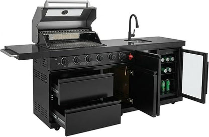 84" Stainless Steel Outdoor Kitchen BBQ Island Grill with LPG Black | 6-Burner 75300 BTU Propane Gas BBQ Grill with Sink, Wine Cooler, Refrigerator, Granite Countertops & Rotisserie Kit