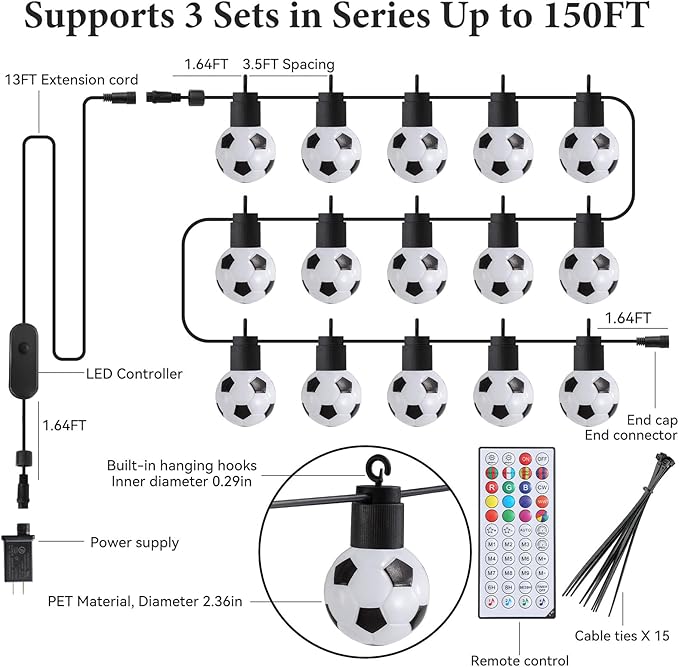Soccer 50 FT Smart Outdoor String Lights Waterproof, 15 RGBW LED Bulbs 16 Million Colors with App & Remote Control for World Cup Decorations 2026