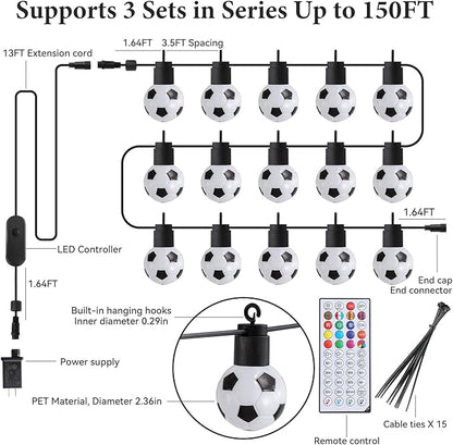 Soccer 50 FT Smart Outdoor String Lights Waterproof, 15 RGBW LED Bulbs 16 Million Colors with App & Remote Control for World Cup Decorations 2026