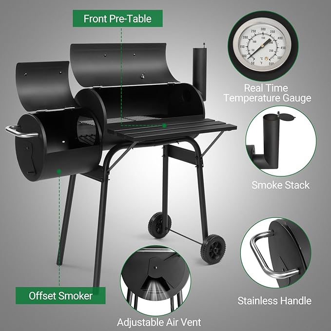 Outdoor BBQ Charcoal Grill, Portable Barrel Charcoal Grill for 6-10 People with Offset Smoker & Wheels for Patio Backyard Picnic Cooking Camping