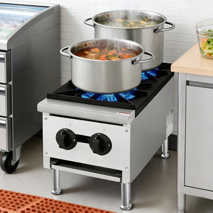 Commercial Countertop Gas Hot Plate Burner,NG LP Convertible Stove with Independent Controls,Standing Pilot Ignition,Cast Iron Grates,Adjustable Legs for Restaurant Prep Cooking (Silver,2 Burner)