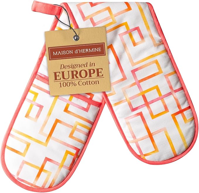 Maison d' Hermine Double Oven Mitts 100% Cotton 7"x35" Double Oven Mitt Heat Resistant BBQ Cooking Gloves with Loop Baking Grilling Kitchen Hotel Home Farmhouse Spring Summer (Summer Maze)