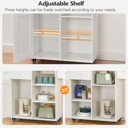 HOOBRO Kitchen Island, Storage Cabinet with Drawer, Kitchen Cart with Spice and Towel Rack, Saving Space, Easy Assembly, for Living Room, White and Natural WN12ZD01