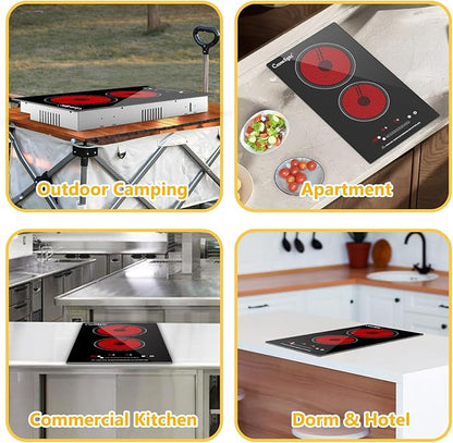 2 Burner Electric Cooktop, 110-120V Plug In Countertop Stove, Touch Control with 99-Min Timer, Child Lock & Auto Shutoff, 12 Inch Radiant Cooktop for Indoor Cooking