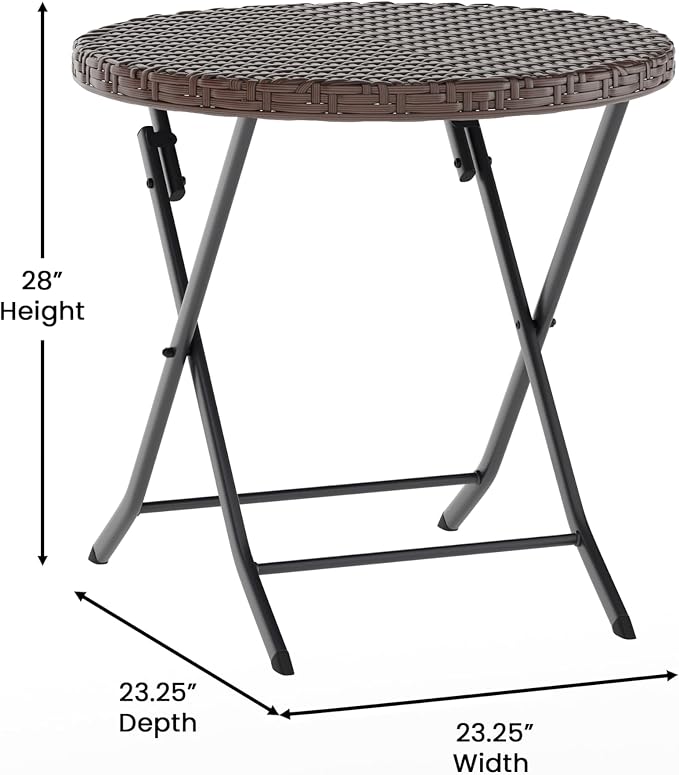 Flash Furniture Rouen Commercial Grade Folding Bistro Set, Indoor/Outdoor PE Rattan Table Top, Back and Seat, Black Steel Frames, 3 Piece Set, Brown/Black
