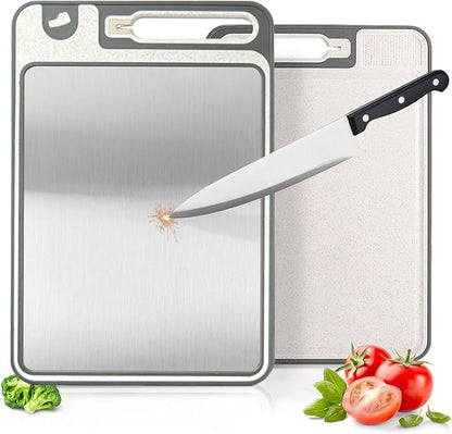 Stainless Steel Cutting Board, 14"x10" Cutting Boards for Kitchen, Dishwasher Safe, Scratch-Resistant with Juice Groove, Separate Sides for Meat and Vegetables (Smooth Surface)