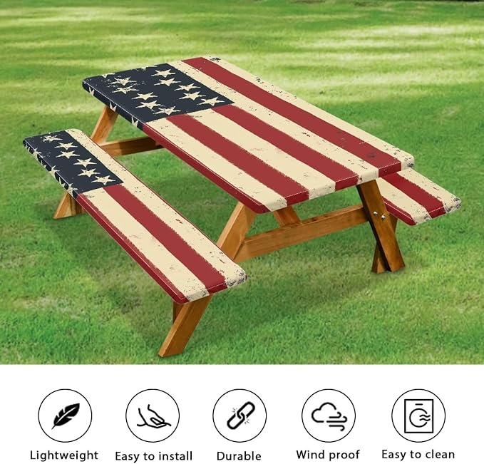 Classic American Flag Picnic Table Cover for Outdoor Camping Patriotism Elastic Fitted Table Cloth for Camping Party Supplies 3 PCS Set