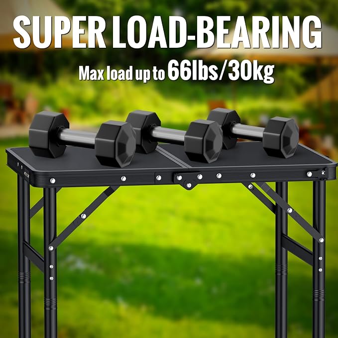 GARLLEN 2ft Folding Camping Table Max Capacity 66lbs, 3 Adjustable Height Picnic Table with MDF Tabletop, Portable Folding Tables for Camping, Travel, Picnic, BBQ, Threaded Install, 23.6" L x 15.7" W