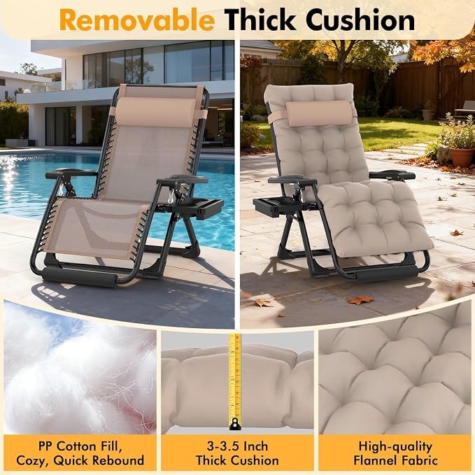 Slendor Oversized Zero Gravity Chairs XL, 29in Padded Recliner Chair, Beige | Reclining Lounge Chair, Folding Anti Gravity Chairs w/Aluminum Alloy Lock,Headrest,Cup Holder, Support 440lbs,for Lawn Patio