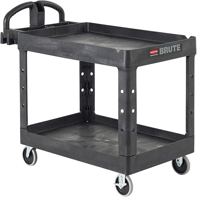 Rubbermaid Commercial Products 2-Shelf Utility/Service Cart, Small, Lipped Shelves, Ergonomic Handle, 500 lbs. Capacity, for Warehouse/Garage/Cleaning/Manufacturing