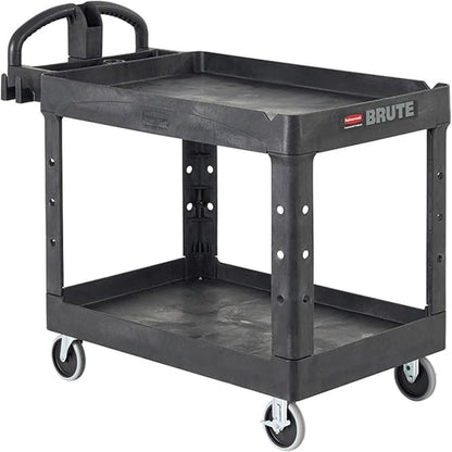 Rubbermaid Commercial Products 2-Shelf Utility/Service Cart, Small, Lipped Shelves, Ergonomic Handle, 500 lbs. Capacity, for Warehouse/Garage/Cleaning/Manufacturing
