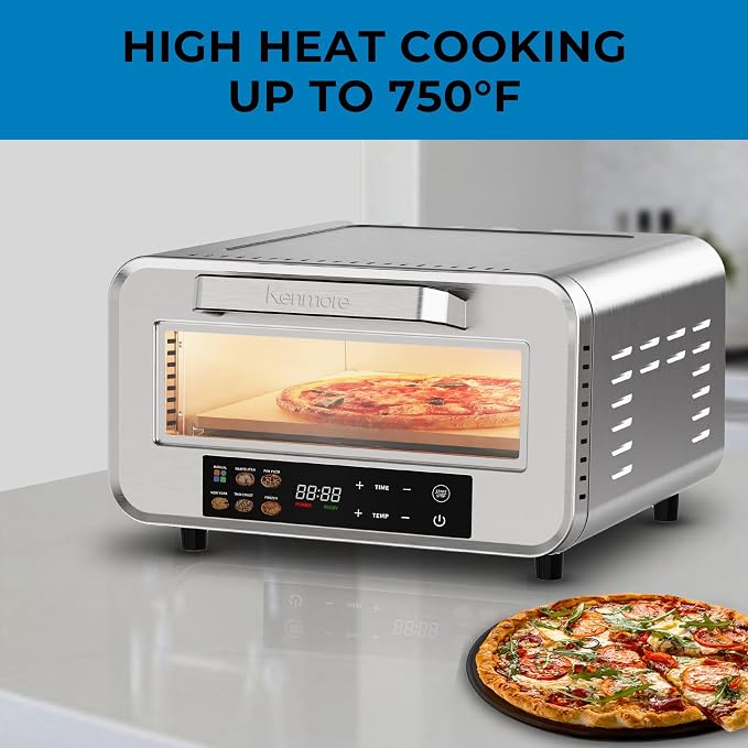 Kenmore Indoor Electric 12 inch Pizza Oven - 750°F High Heat for Wood Fired Style, 5 Presets, Pizza Stone & Peel, Stainless Steel Horno Electrico