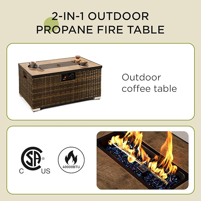2-Piece Outdoor Propane Fire Pit Table w/Tank Holder, 32inch Handmade Rattan Wicker Firepit Ceramic Tabletop with Steel Lid 40,000 BTU Rectangle Fire Table Set for Patio, Deck, Backyard (Brown)