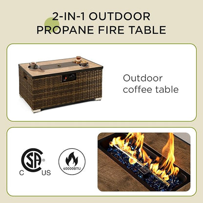 2-Piece Outdoor Propane Fire Pit Table w/Tank Holder, 32inch Handmade Rattan Wicker Firepit Ceramic Tabletop with Steel Lid 40,000 BTU Rectangle Fire Table Set for Patio, Deck, Backyard (Brown)
