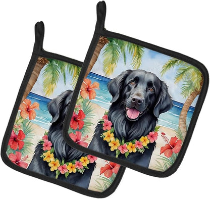 Caroline's Treasures Flat-Coated Retriever Luau Pair of Pot Holders Kitchen Heat Resistant Pot Holders Sets Oven Hot Pads for Cooking Baking BBQ, 7 1/2 x 7 1/2