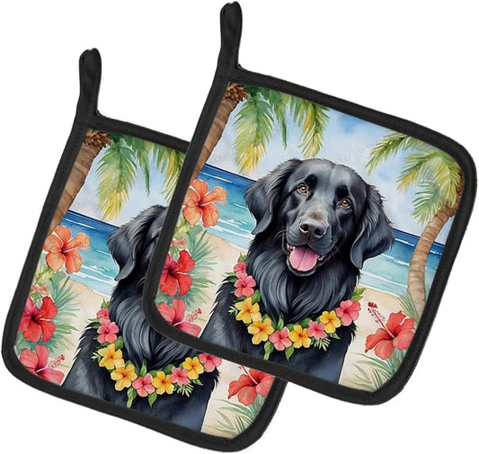 Caroline's Treasures Flat-Coated Retriever Luau Pair of Pot Holders Kitchen Heat Resistant Pot Holders Sets Oven Hot Pads for Cooking Baking BBQ, 7 1/2 x 7 1/2