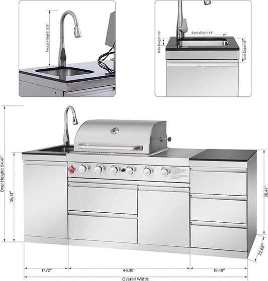 83" Outdoor Kitchen Island, 4+1 Burner Modular Kitchen with Grill Station Cabinetry,304 StainlessGranite, Sink, BBQ Set for Patios & Backyards (Stainless, 83 IN)