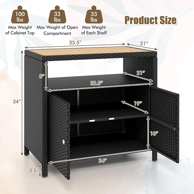 Wicker Outdoor Storage Cabinet, Rattan Patio Bar Table with Acacia Wood Countertop, Open Compartment & 2 Doors, Outdoor Buffet Cabinet Sideboard for Poolside, Garden, Backyard (Black)