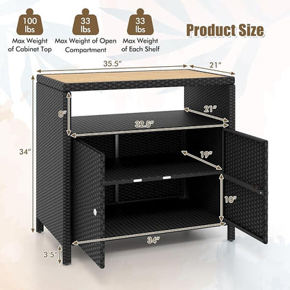 Wicker Outdoor Storage Cabinet, Rattan Patio Bar Table with Acacia Wood Countertop, Open Compartment & 2 Doors, Outdoor Buffet Cabinet Sideboard for Poolside, Garden, Backyard (Black)