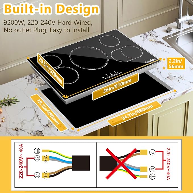 36 Inch Electric Cooktop 5 Burner Radiant Stove Top 9200W | 220-240V hardwired radiant cooktop with expandable zones independent timers overflow protection and flat-bottom cookware use