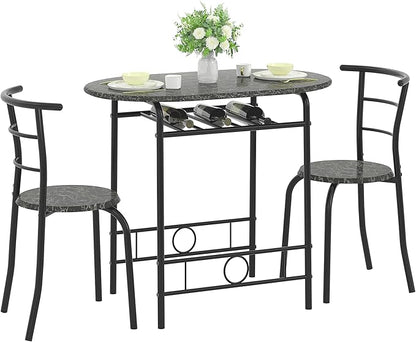 VECELO 3-Piece Dining Table Set for Kitchen Breakfast Nook, Wood Grain Oval Tabletop and Metal Frame with Built-in Wine Rack, for Small Spaces, Faux Marble Black