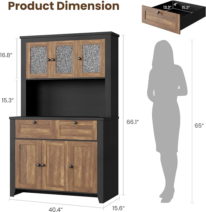 Pantry Cabinet with Charging Station, Farmhouse Kitchen Pantry Storage Cabinet with Countertop, Large Kitchen Hutch with Storage Drawers and Adjustable Shelves & Water Ripple Design for Dining Room,