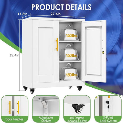 35.4" Metal Garage Storage Cabinet with Wheels and Locking Doors and Tall Rolling Steel Tool Cabinet with 2 Adjustable Shelves for Garage,Home,Office,Shop (White, 35.4''H x 27.6''W x13.8''D)