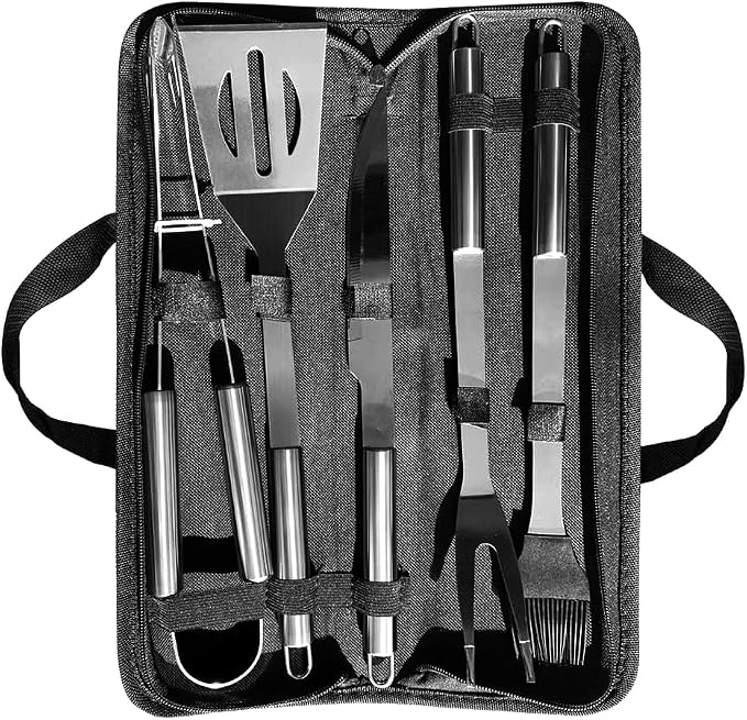 PTAPIPI 5-Piece Stainless Steel Grill Tool Set with Carry Bag – BBQ Utensils for Him, Young Men, Camping & Tailgating, Budget-Friendly Barbeque Gift