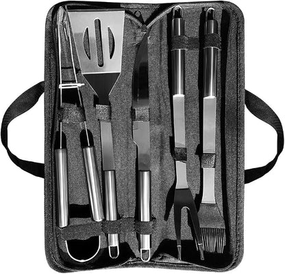 PTAPIPI 5-Piece Stainless Steel Grill Tool Set with Carry Bag – BBQ Utensils for Him, Young Men, Camping & Tailgating, Budget-Friendly Barbeque Gift
